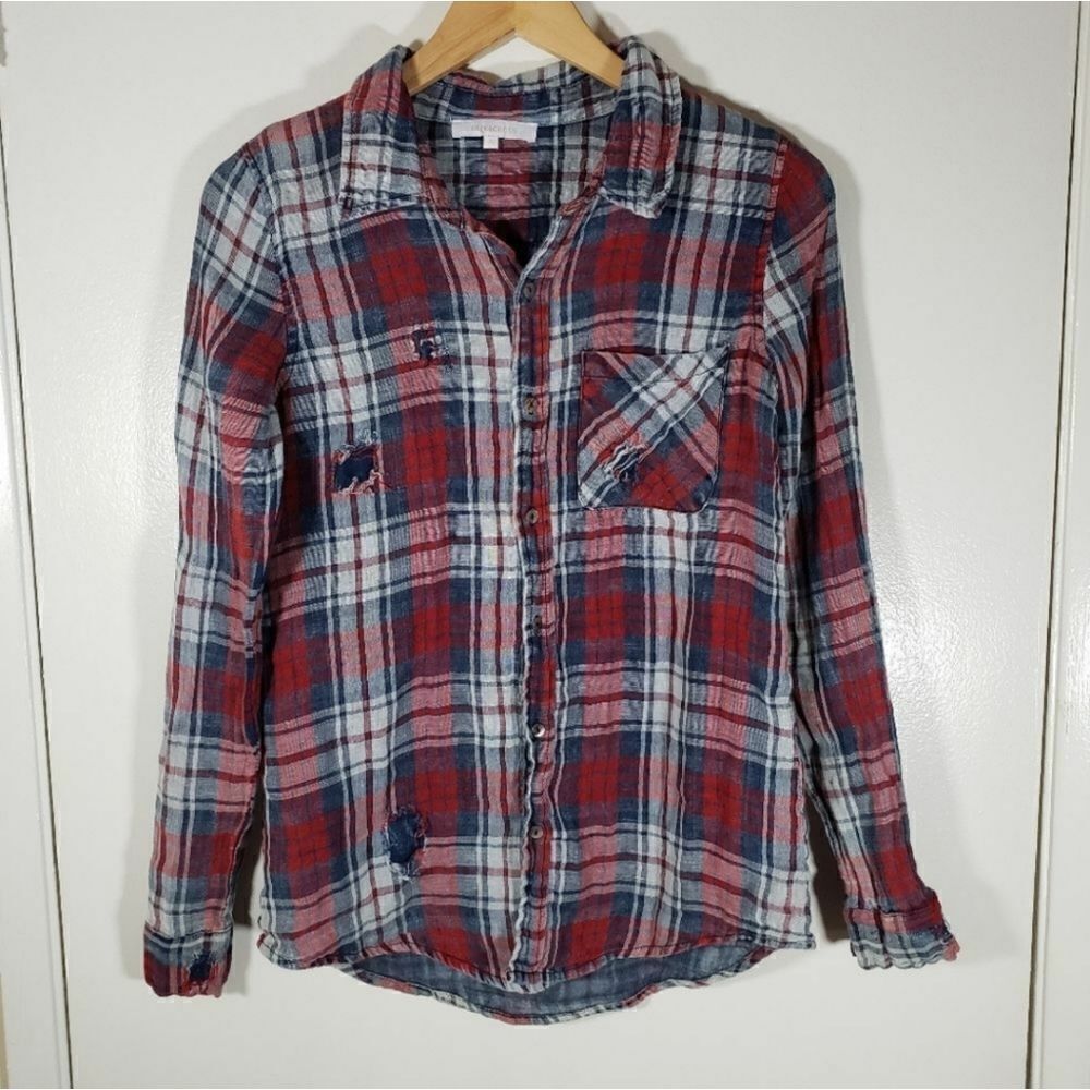 Olivaceous Fall Distressed 100% Cotton Plaid Button Up Holiday Flannel Size S